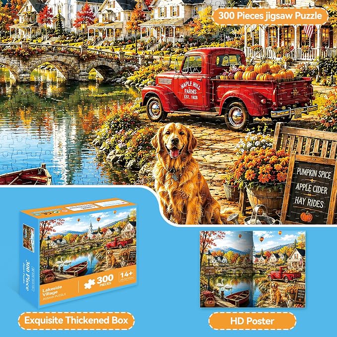 300 Piece Jigsaw Puzzle for Kids & Adults - European Village Puzzle with Lake, Colorful Houses, Bridge & Autumn Landscape, for Boys Girls Ages 8+, 20.5 x 15 in