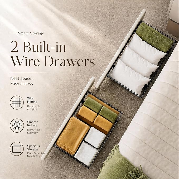LIKIMIO Twin XL Daybed with 2 Drawers and Converse Headboard, Cream | No box spring needed. Perfect for dorms, studios, guest rooms, and small apartments.