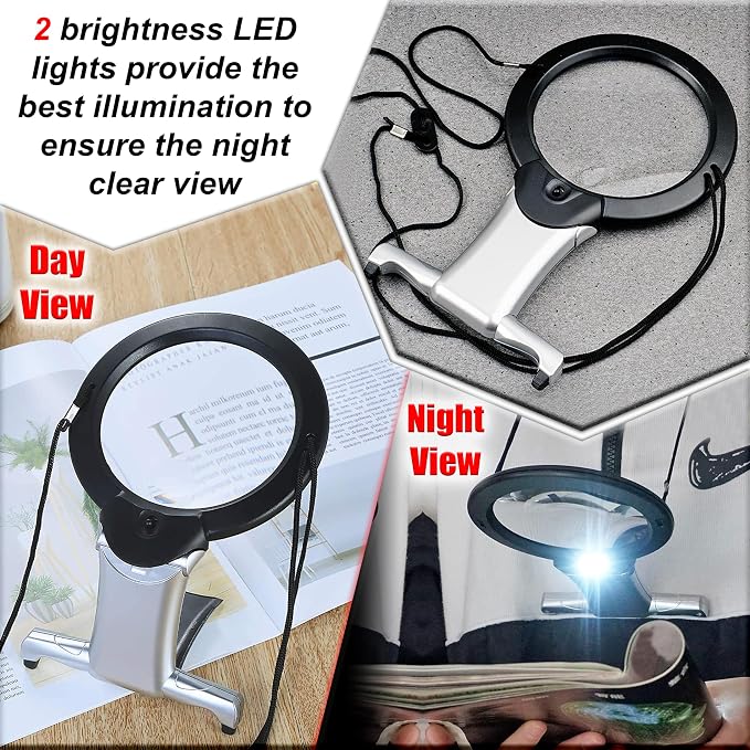 2X Hands Free Chest Rest LED Magnifier for Reading with 6X Spot Magnifying Glasses with Light for Sewing, Hobbies, Crafters, and DIY Projects – Adjustable Stand and Neck Cord for Seniors