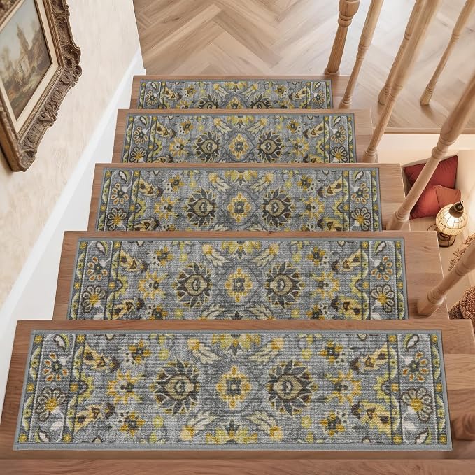 COSY HOMEER Stair Treads for Wooden Steps Non Slip Washable 8" X 30" 15pcs | Self Adhesive,Peel and Stick,Soft Carpet Stair Treads for Kids,Elder,Pet,Residue Free,Reusable Stair Runner,Multi-Surface Use