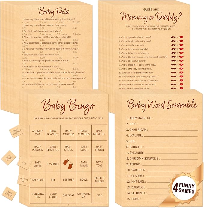 Baby Shower Game Set, Gender Neutral Bingo Game/Guess Who Mommy or Daddy/Word Scramble/Baby Trivia Fact Cards for Guest, Bridal Wedding Shower