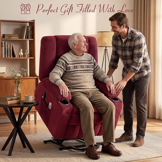 Power Lift Recliner Chair for Elderly, Electric Reclining Lift Chair with Massage and Heating, Comfy Overstuffed Recliner Single Sofa with Cup Holders,Pockets,USB Charge Port for Living Room,Burgundy