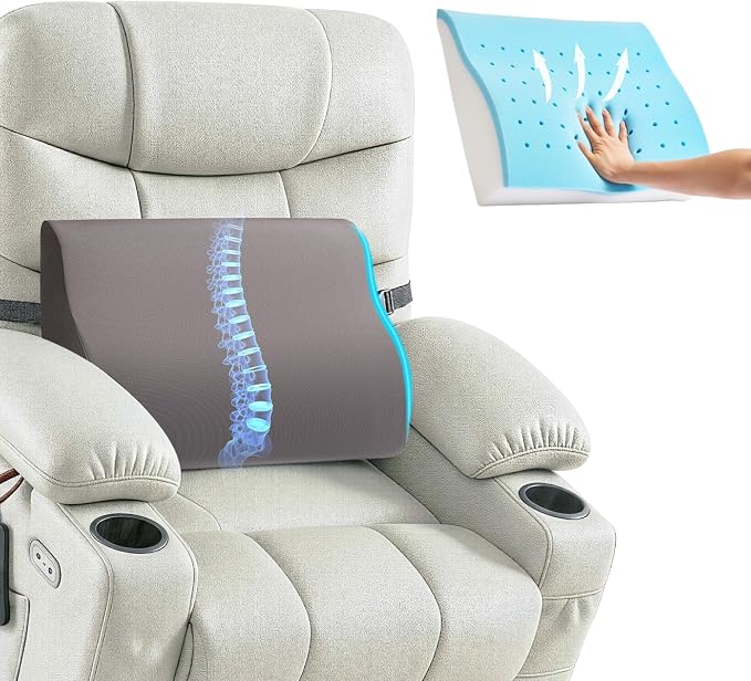 Dual-Layer Memory Foam Lumbar Support Pillow for Recliner, Grey | Back Support Cushion with Adjustable Strap & Washable Cover, Ergonomic Lumbar Pillow for Elderly Back Pain Relief Couch Sofa