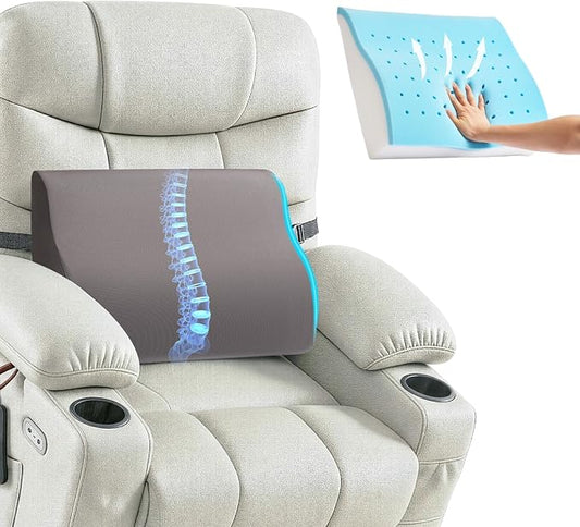 Dual-Layer Memory Foam Lumbar Support Pillow for Recliner, Grey | Back Support Cushion with Adjustable Strap & Washable Cover, Ergonomic Lumbar Pillow for Elderly Back Pain Relief Couch Sofa