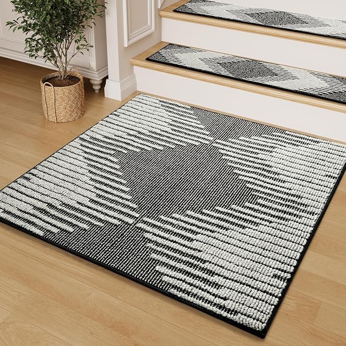 PADOOR Stair Treads Landing Mat Non Slip for Wooden Steps Indoor, 3D Peel and Stick Stair-Carpet Treads Washable Reusable Adhesive Stair Rugs for Kids and Dogs 31"x31" Black