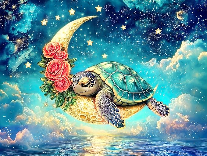 Adult Jigsaw Puzzle 1000 Pieces Sea Turtle | Sleeping turtle on a crescent moon over a cloud covered ocean. Great for game nights on a table, puzzleboard, or floor.