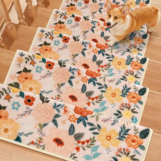 RORA Bullnose Stair Treads for Wooden Steps, Non Slip Stair Carpet 7pcs | Washable, Self-Adhesive, Floral Stair Rug Runner with Edge Protection for Indoor, Pets & Elder, 29.5 x 9.5x 1.7, Pink