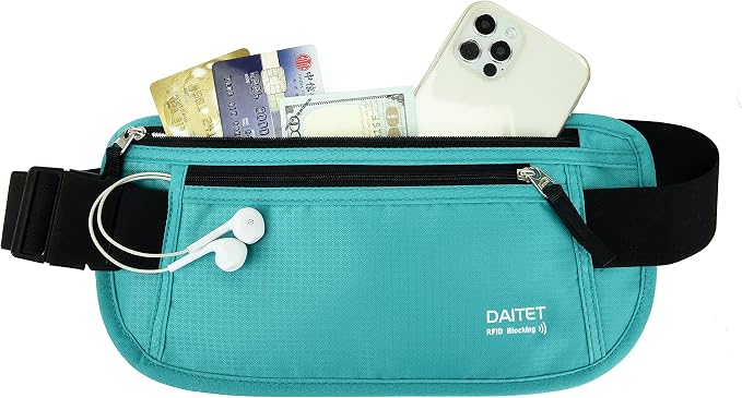 RFID Blocking Money Belt for Men Women, Slim Fanny Pack for Travel，Running,Conceal Waist Wallet for Passport Holder,Phone,Cash(Black Mint Green)