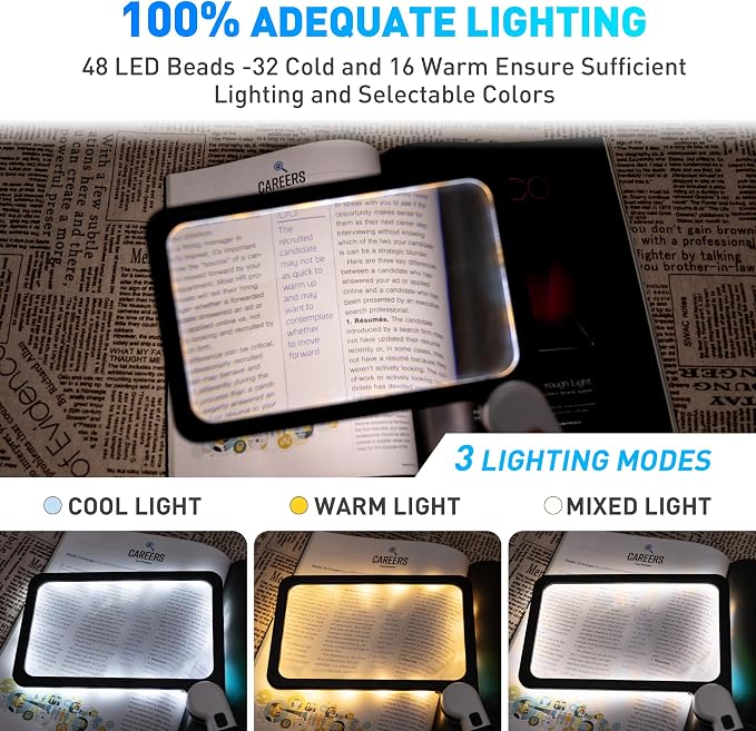 Full Page Magnifier with Light,Large Magnifying Glass for Reading,5X Magnifier for Seniors,Square Magnifying Glass Handheld,Lighted Book Magnifier,Big Vision Magnifier for Macular Degeneration