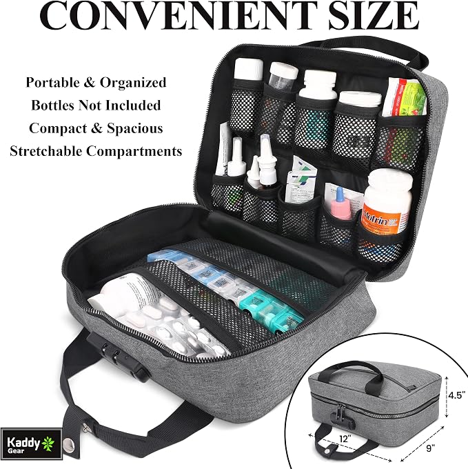 Kaddy Large Medicine Bag, Secure, Padded, Pill Organizer Box, Case for Bottles of Medicine or Supplements; Storage; Toiletry; 3 Digit Lock, Grey
