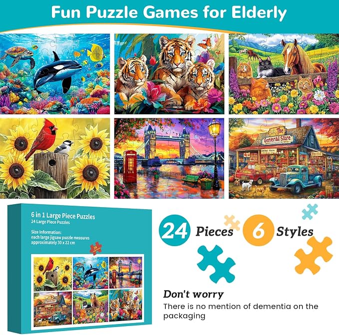 6 Packs 24 Large Piece Puzzle for Seniors,Dementia Alzheimer's Products Activities for Elderly Adults,Easy Puzzle Alzheimer’s Memory Cognitive Game Gift for Patient in Nursing Home with 6 Storage Bags
