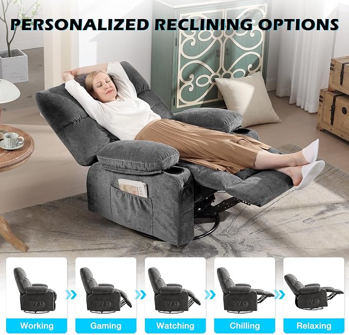 MAHOMICO Oversized Recliner Chair with Massage and Heat, 360° Swivel Rocker | Fabric swivel rocker recliner with ergonomic support, USB charging, cup holders and side pocket for living room