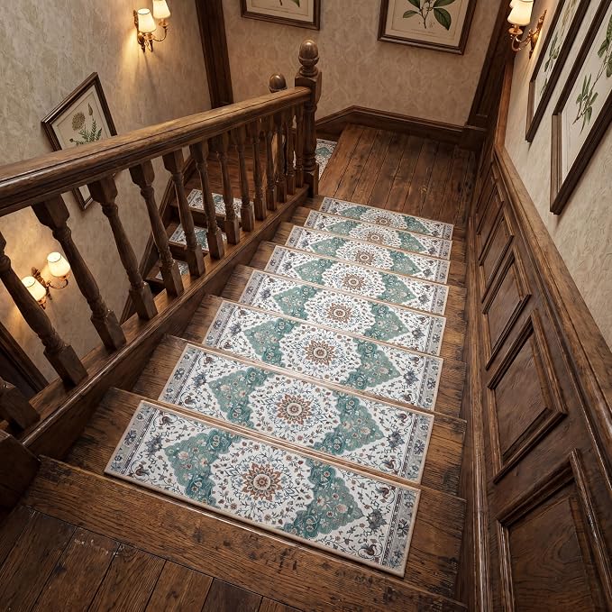 Dunzy 15 Pcs Non-slip Stair Treads for Wooden Steps 30x8 Inch, Peel and Stick Chenille Carpet Treads, Vintage Floral Medallion Print Stair Rug, Residue-free Adhesive, Machine Washable for Seniors Pets