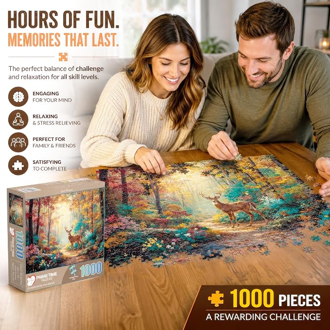 Adult Jigsaw Puzzle 1000 Piece Deer Dreams | Features a majestic whitetail buck in a fall forest scene. Great for game nights on a table, puzzleboard, or floor.