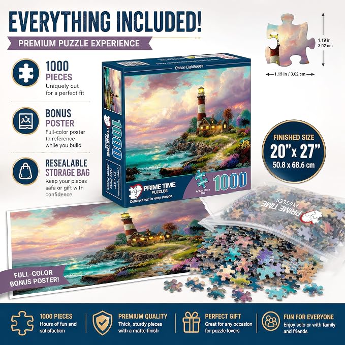 Adult Jigsaw Puzzle – Ocean Lighthouse 1000 Piece | Features a colorful beach sunset lighthouse scene. 20x27 inches — Great for game nights on a table, puzzleboard, or floor.