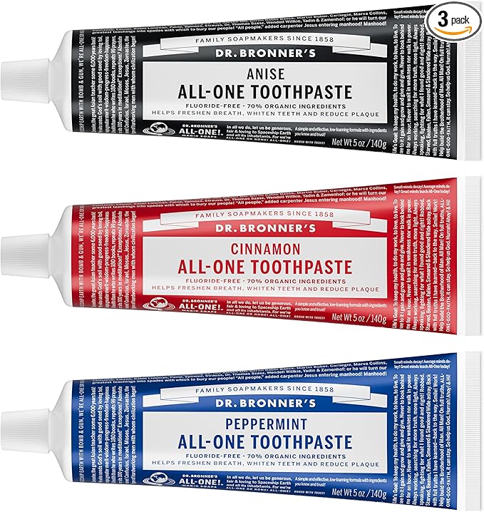 Dr. Bronner’s All-One Toothpaste 3-Pack Variety– (Peppermint, Cinnamon, Anise, 5oz Each)– 70% Organic Ingredients, SLS Free Toothpaste, Fluoride Free, Natural, Vegan, Gentle for Sensitive Teeth