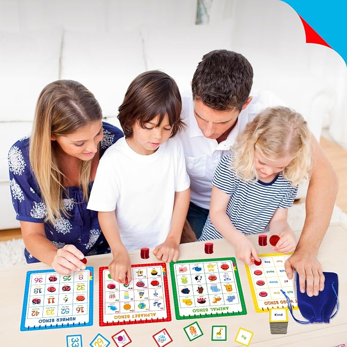 Family Bingo Game, Alphabet Animal Sight Word and Number Bingo Board Game, Counting and Matching Skills Classic Educational Game for Kindergarten and Preschool Kids, Perfect for Home and Classroom