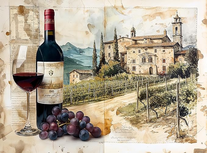 Adult Jigsaw Puzzle 1000 Piece Tuscany Wine | Features a Tuscany vineyard scene with a 1945 bottle and glass of wine before rows of grape vines. Challenging 20x27 inch.