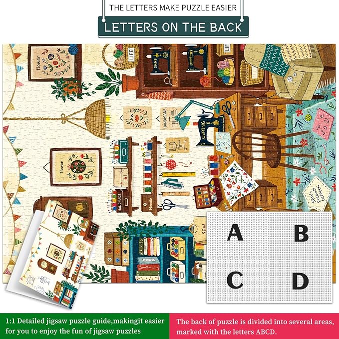 1000 Piece Jigsaw Puzzles for Adults, Sewing Room Puzzle with 1:1 HD Poster, Precise Interlocking, Letter Markings on Back, Dust-Free, Stress Relief & Ideal Family Game Gift