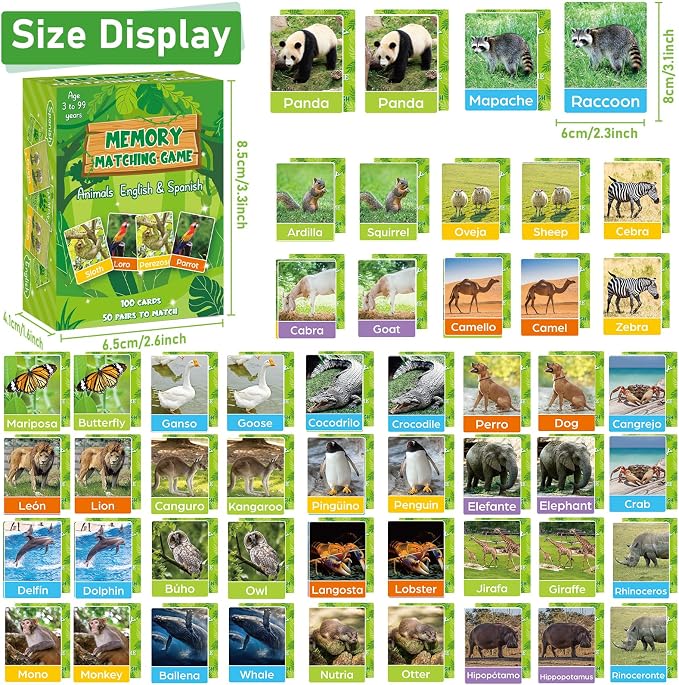gisgfim 100 PCS Memory Matching Games Spanish English Bilingual Animal Memory Matching Games Educational Game for Kids and Adults A Fun & Fast Animal Game Toddlers Preschool Family Board Gift