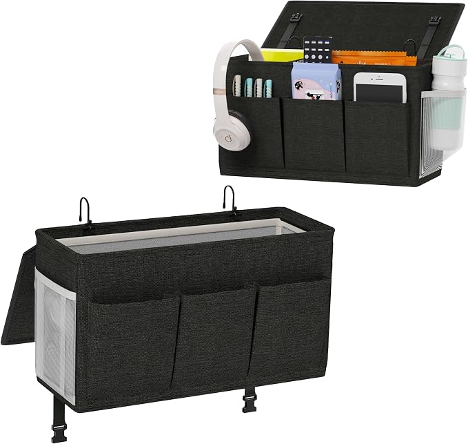 Bedside Caddy Storage Organizer for Bed Rails, Bed Caddy with 6 Pockets | Bedside Organizer with Fixed Straps and Hooks, Mattress Supported Versatile for Home, Dorm, Bunk, Hospital and Crib Bed