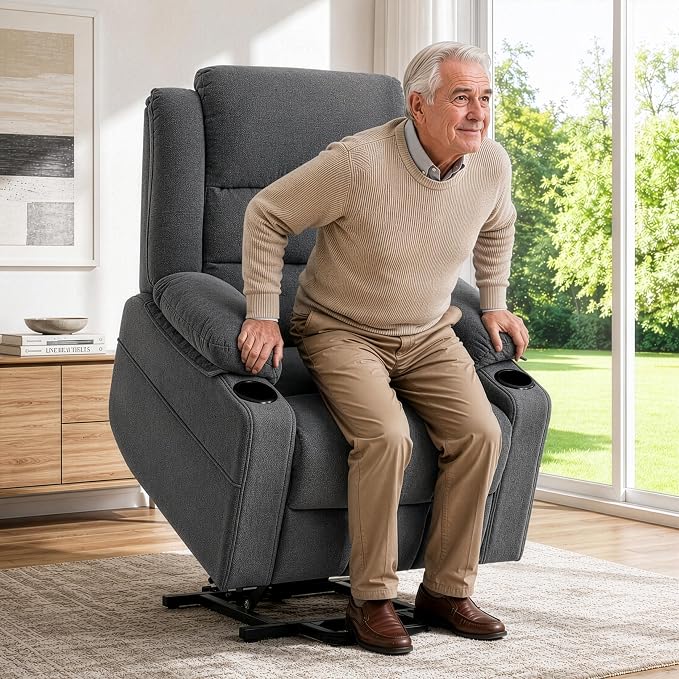 Power Lift Recliner Chair for Elderly Adults with Massage and Heat, Fabric Electric Recliner Sofa with Side Pocket, Two Cup Holders for Living Room L9912 (Dark Grey)