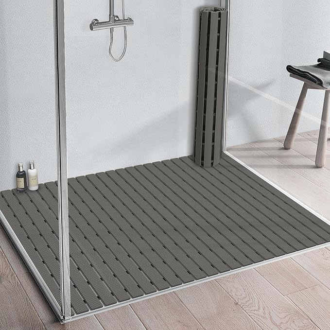 Yolife PVC Large Shower Mat, 35.4 × 24 Inch Non Suction Cup Non Slip Shower Floor Mat, Easy to Cut & Curlable Stand Up Shower Stall Mat, Heavy Duty Bath Shower Mats for Inside Shower