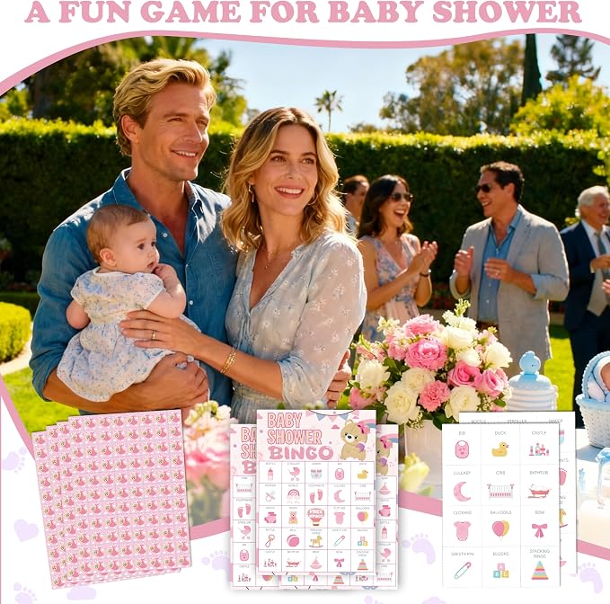 Baby Shower Bingo Game Cards Set for Guests Adults, Pink Bear Baby Shower Party Bingo Game Gender Reveal Bingo Game for Family Friends Large Group Activity, Favors Supplies Decorations