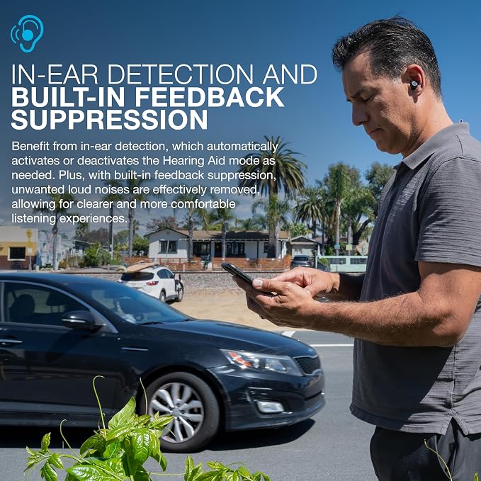 JLab Hear OTC Hearing Aid & Earbuds, Graphite, Traditional Earbud Fit, Four Preset Hearing Modes, in-Ear Detection and Built-in Feedback Suppression, Independent Volume Control and Touch Controls