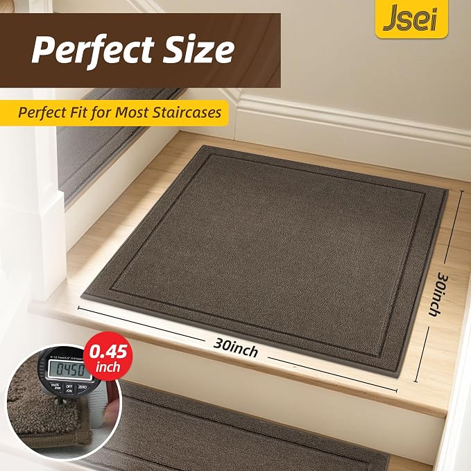 JSEI Non-Slip Stair Landing Rug Mat, 1-Pack 30" X 30", Light Brown | Edging Stair Treads Corner Indoor Stair Runners for Wooden Steps for Kids and Dogs, 100% Polyester, TPE Backing