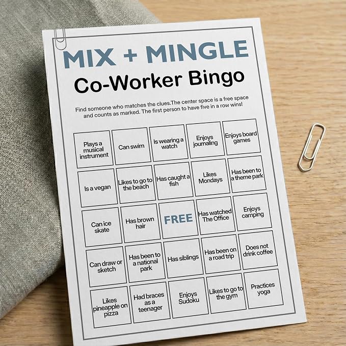Office Bingo Cards, 25 Unique Randomized 5x7 Sheets, Get to Know You Bingo Game for Adults, Ice Breaker Office Party Games, Team Building Games for Work, High Replay Value - B002