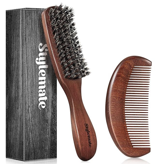 STYLEMATE Mens Boar Bristle Hair Brush Comb Set, Slick Back Mens Hair Brush with Stiff Bristles for Fine Hair, Beard Brush with Natural Black Walnut Wooden Gold Sandalwood Handle