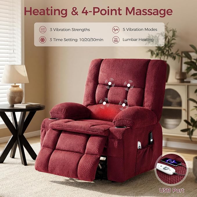 Power Lift Recliner Chair for Elderly, Electric Reclining Lift Chair with Massage and Heating, Comfy Overstuffed Recliner Single Sofa with Cup Holders,Pockets,USB Charge Port for Living Room,Burgundy