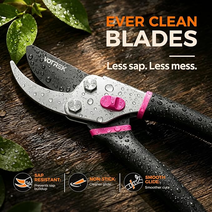 VOTREK® Bypass Pruning Shears, 8.5" Jam-Proof Spring Clippers for branches | Sharp & Anti-Rust SK5 Blade, Ergonomic Non-Slip Grip for Weak Hands, Garden Pruner for Heavy Duty Tree Trimming, Rose, Bonsai
