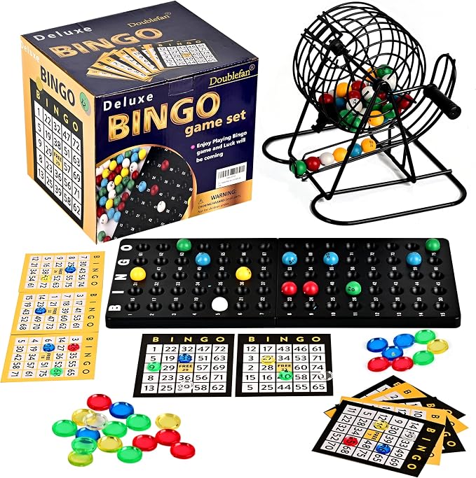 Doublefan Bingo Deluxe Game Set for Adults and Kids - Includes 8 Inch Wheel Cage, 75 Balls, Master Board, 50 Cards and Colorful Chips - Fun Family Game Night