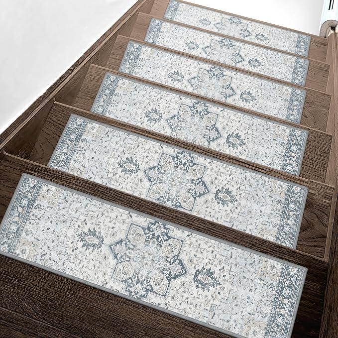 sarben 8"x30" Non Slip Stair Treads for Wooden Steps 15 Pack, Blue | Peel and Stick Carpet Stair Runner with TPE Adhesive Backing, Carpet for Added Safety, Pet and Senior Friendly