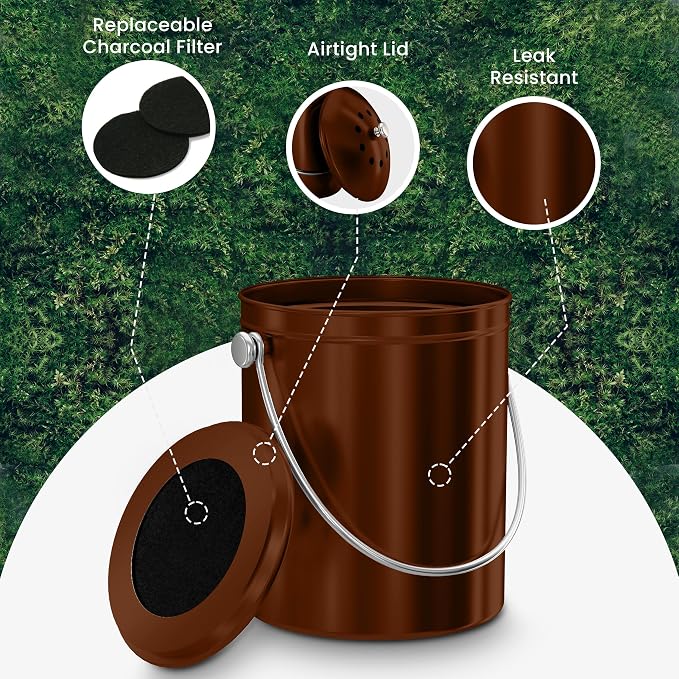 Utopia Kitchen Countertop Compost Bin 1.3 Gallon, Stainless Steel, Copper | Odorless countertop compost bin with charcoal filter, ideal for food scraps and waste