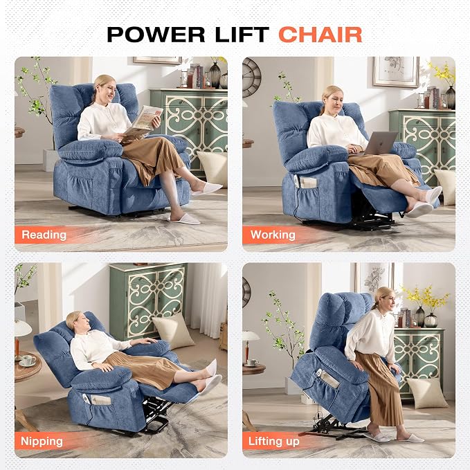 Power Lift Recliner Chair for Elderly with Vibration Massage and Lumbar Heating, Electric Lift Recliner Sofa with USB Charging Port and Side Pocket, Adjustable Lift Chair for Living Room Comfort