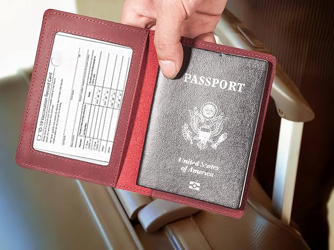 RFID-Blocking Genuine Leather Passport Holder - Travel Document Organizer Wallet for Men & Women, Durable Slim Travel Accessories with Card Slots (Wine Red)