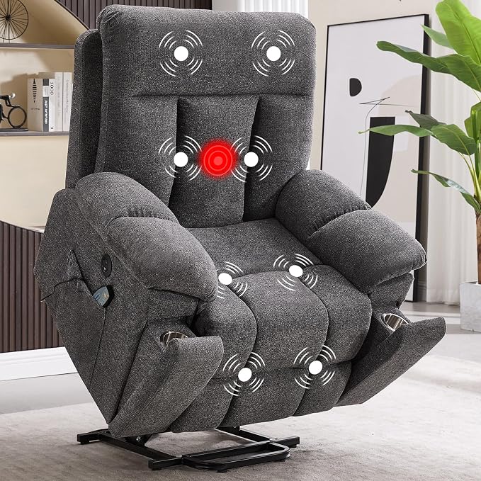Large Power Lift Recliner Chair with Massage and Heat for Elderly Big and Tall People, Overstuffed Wide Recliners with 2 Cup Holders, Side Pocket and USB Port, Dark Grey
