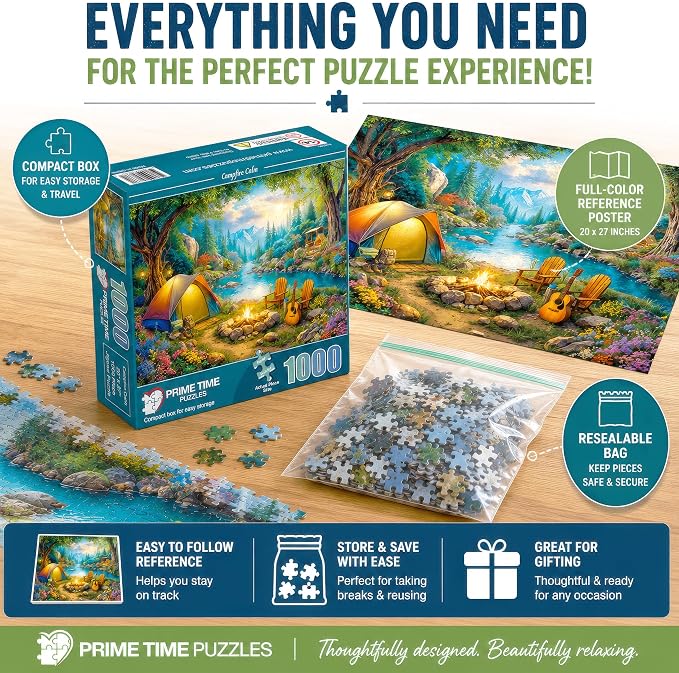 Adult Jigsaw Puzzle 1000 Piece Camping Scene | Features a scenic tent camping by the river design. 20x27 inches — Great for game nights on a table, puzzleboard, or floor.