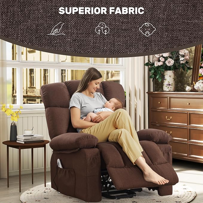 Power Lift Recliner Chair for Elderly, Big and Tall Lift Chair with Massage and Heat for Living Room, Fabric Electric Recliner Chairs with 4 Side Pockets, USB Charge Port,Brown