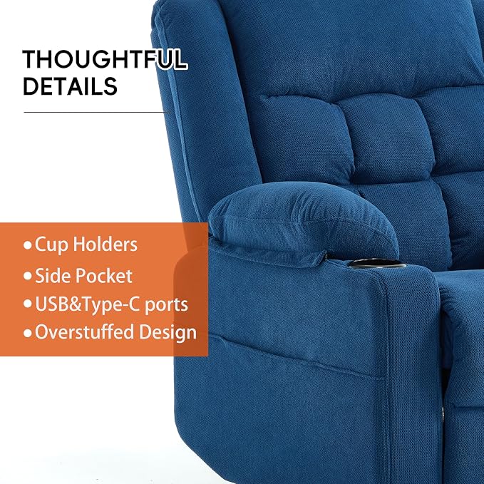 Ketaiyou Electric Power Lift Recliner Chair Sofa with Massage and Heat for Elderly, USB and Type-C Ports, Cup Holders, Infinite Position (NV Blue, Regular)