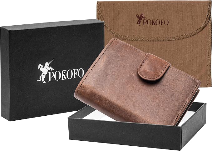 POKOFO Large RFID Genuine Leather Card Holder Trifold Wallet Snap Closure 3 ID Windows for men