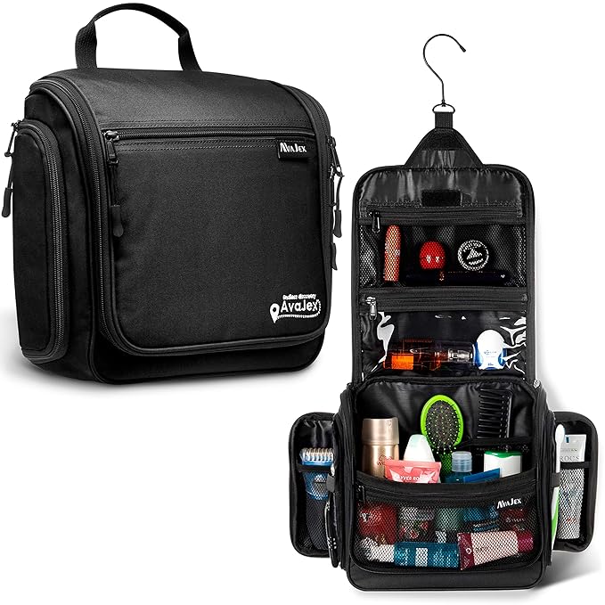 AvaJex Travel Toiletry Bag for Men - Large Dopp Kit (10.6"x10.6"x3.2") - Hanging Waterproof Mens Hygiene Organizer Bag with XXL Metal Swivel Hook, Sturdy Zippers and 19 Compartments for Toiletries