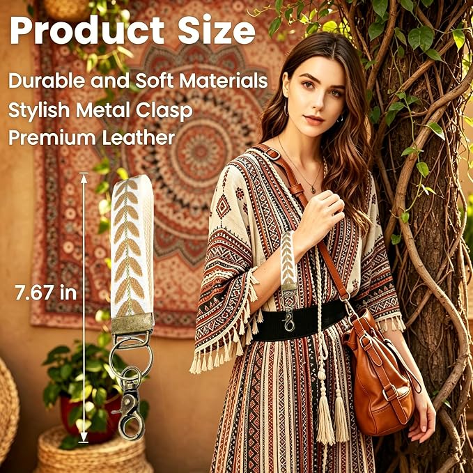 Boho Vintage Embroidered Floral plant Wristlet Keychain for Women | Cute Lanyard&Antique Brass Clasp, Lightweight Hands-Free Key Holder for keys,purses,handbags and daily outdoor use for ladies
