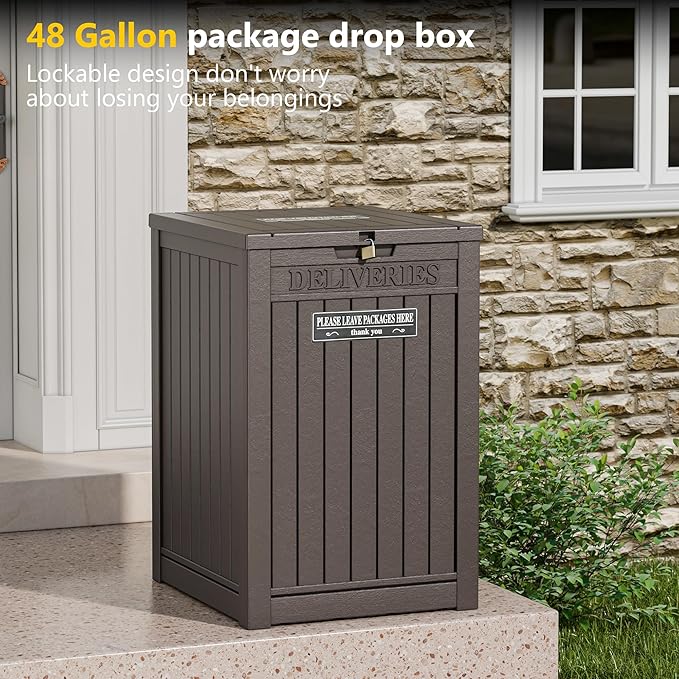 Package Delivery Box for Outside with Sticker, 48 Gallon Storage with Lockable Secure, Large Double Wall Resin Outdoor Package Delivery Waterproof Deck