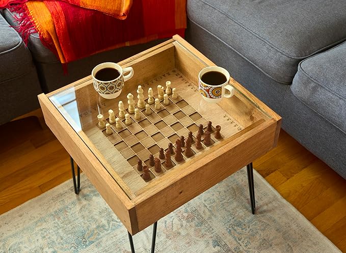 Rustic Chess and Checkers Coffee/End Table with Removable Glass top - Full Set of Chess and Checkers Pieces Included.