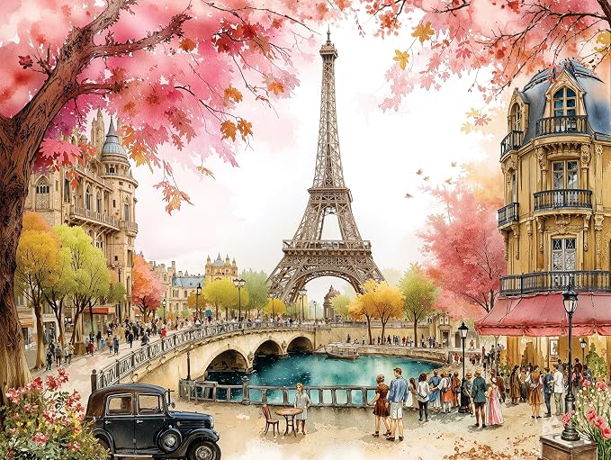 Adult Jigsaw Puzzle 1000 Piece Paris Romance | Features a whimsical Eiffel Tower spring scene. 20x27 inches. Great for game nights on a table, puzzleboard, or floor.