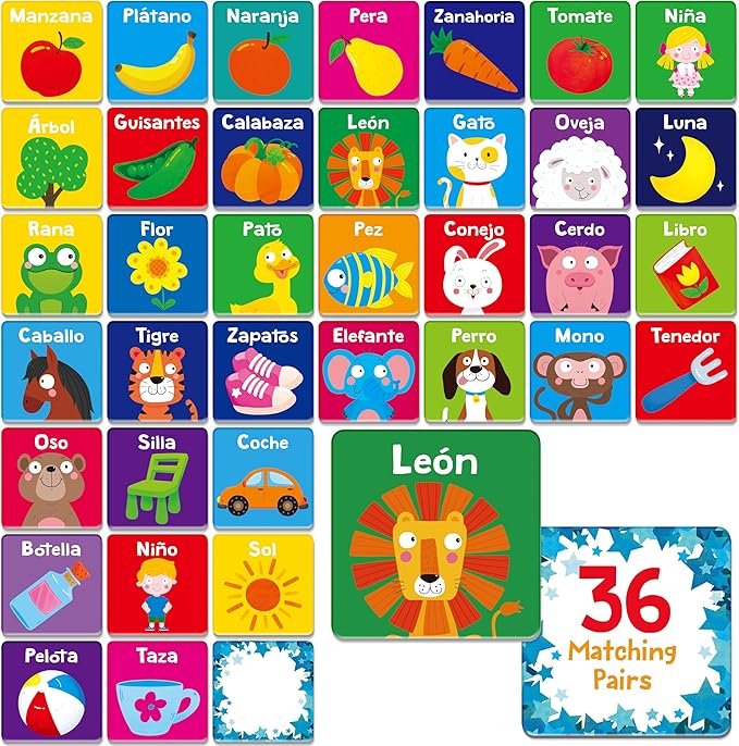 Hebayy Spanish Memory Matching Game, 72 PCS First Words Matching Cards for Toddlers, 36 Pairs Memory Cards Educational Toys Preschool Spanish Learning Activities for 4 5 6 Years Old